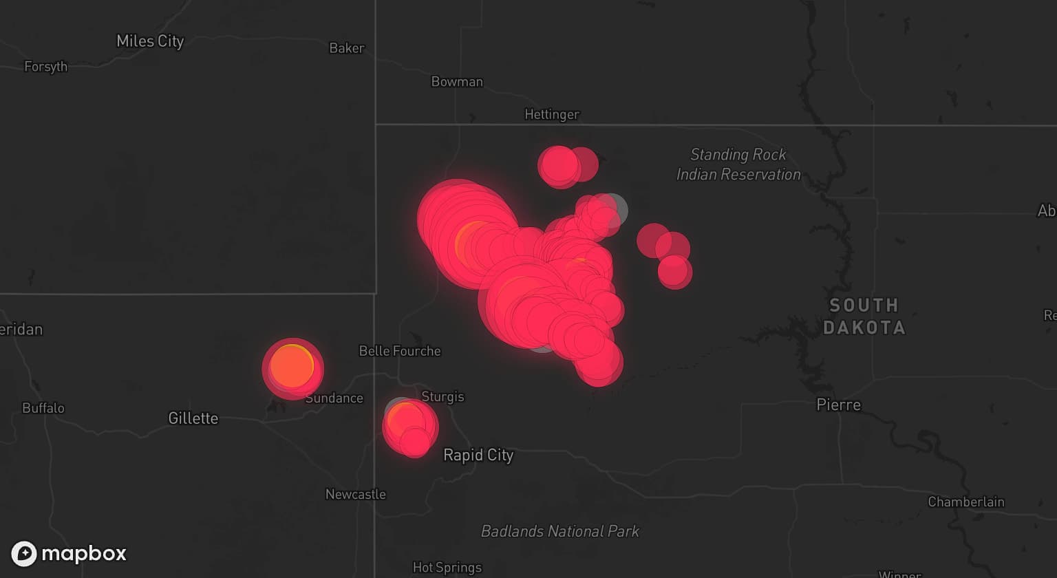 Storm map for 7 areas across South Dakota and Wyoming