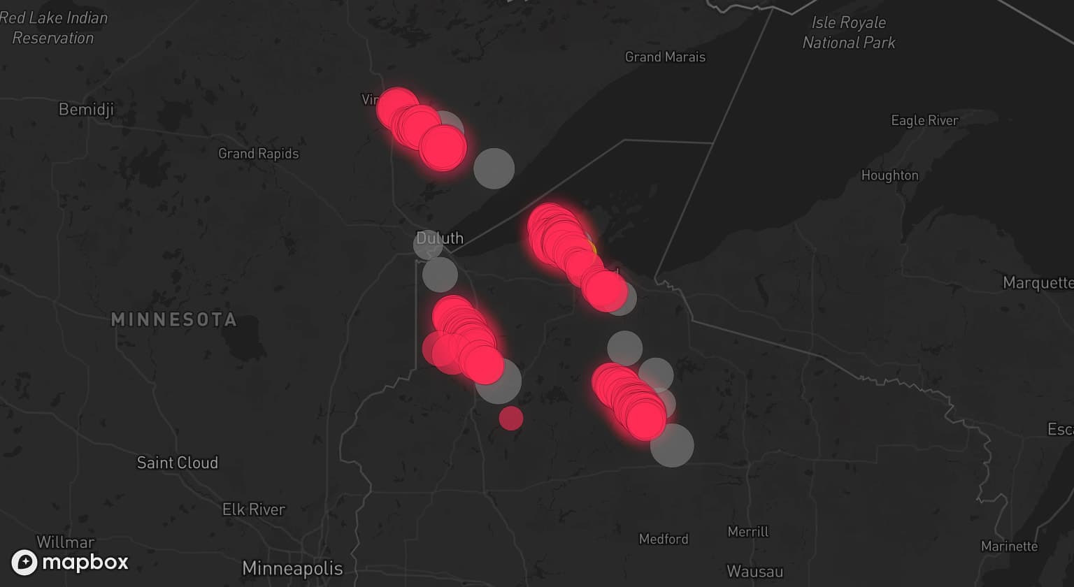 Storm map for 12 areas across Wisconsin and Minnesota