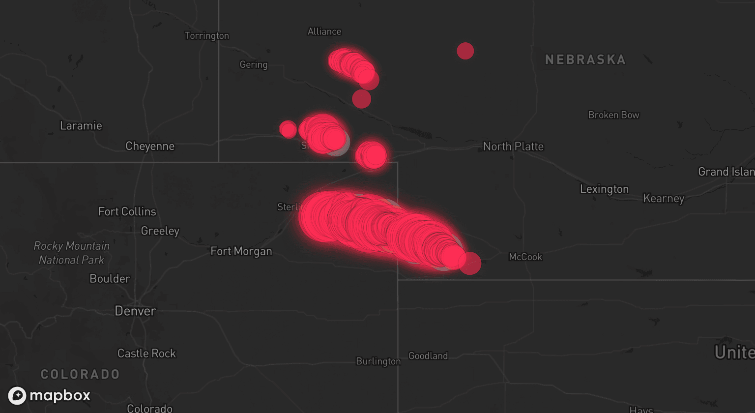 Storm map for 6 areas across Colorado and Nebraska