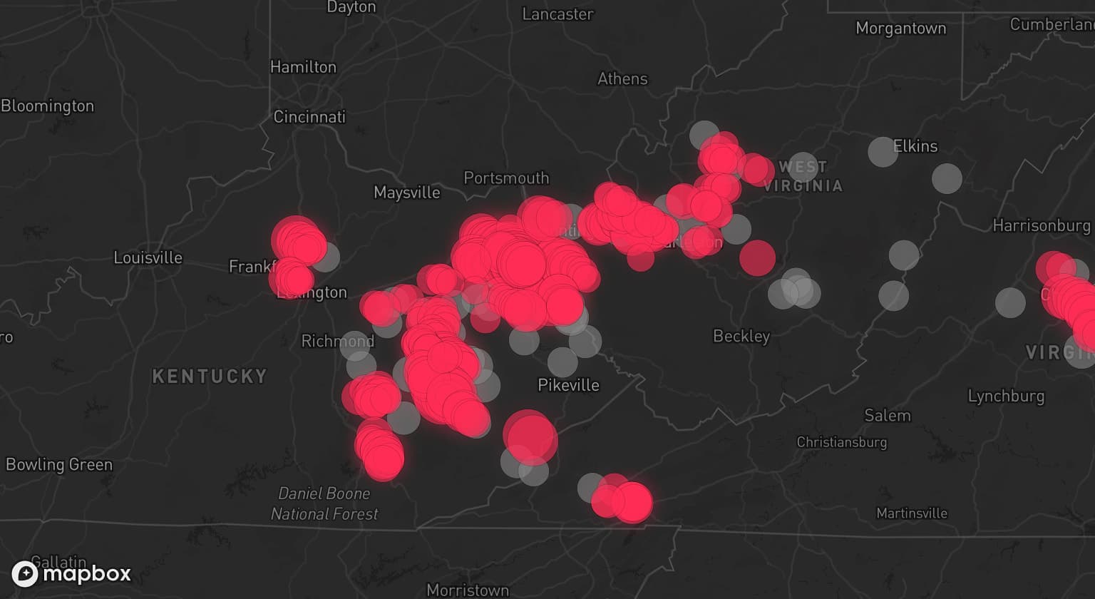Storm map for 48 areas across Kentucky, West Virginia, Virginia, and Ohio