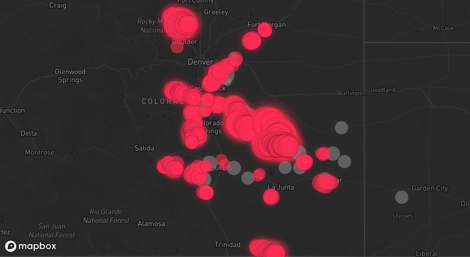 Storm map for 26 areas across Colorado and Kansas