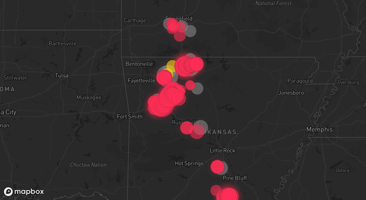 Storm map for 13 areas across Arkansas and Missouri