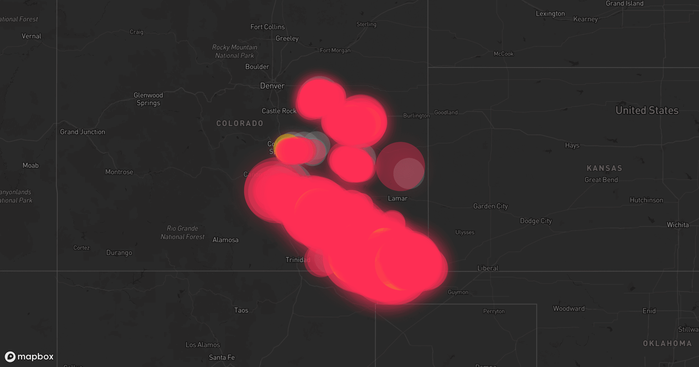 Storm map for 47 areas across Oklahoma, Texas, Colorado, New Mexico, and Kansas