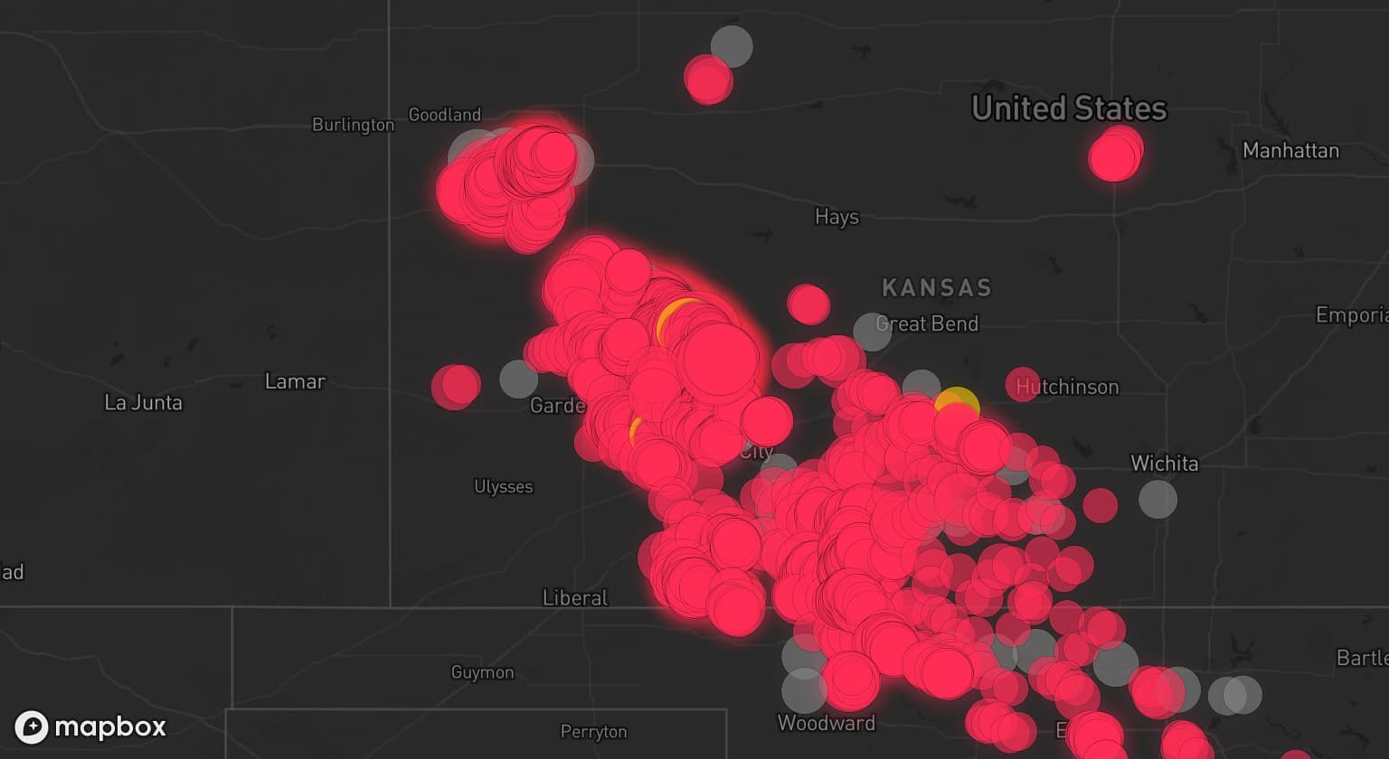 Storm map for 32 areas across Kansas and Oklahoma