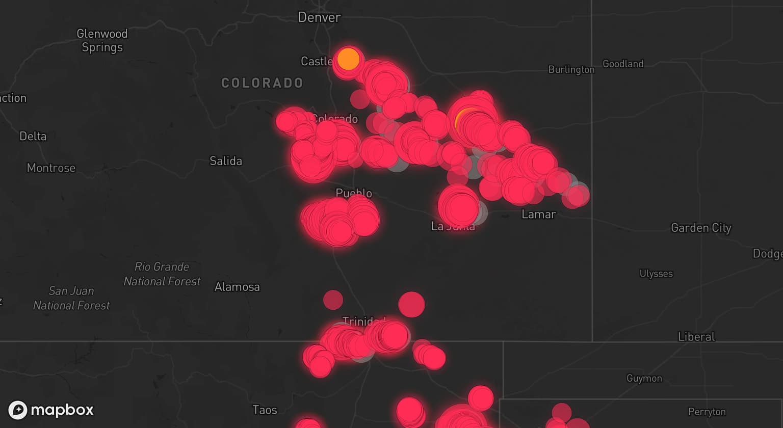 Storm map for 24 areas across New Mexico, Colorado, and Texas