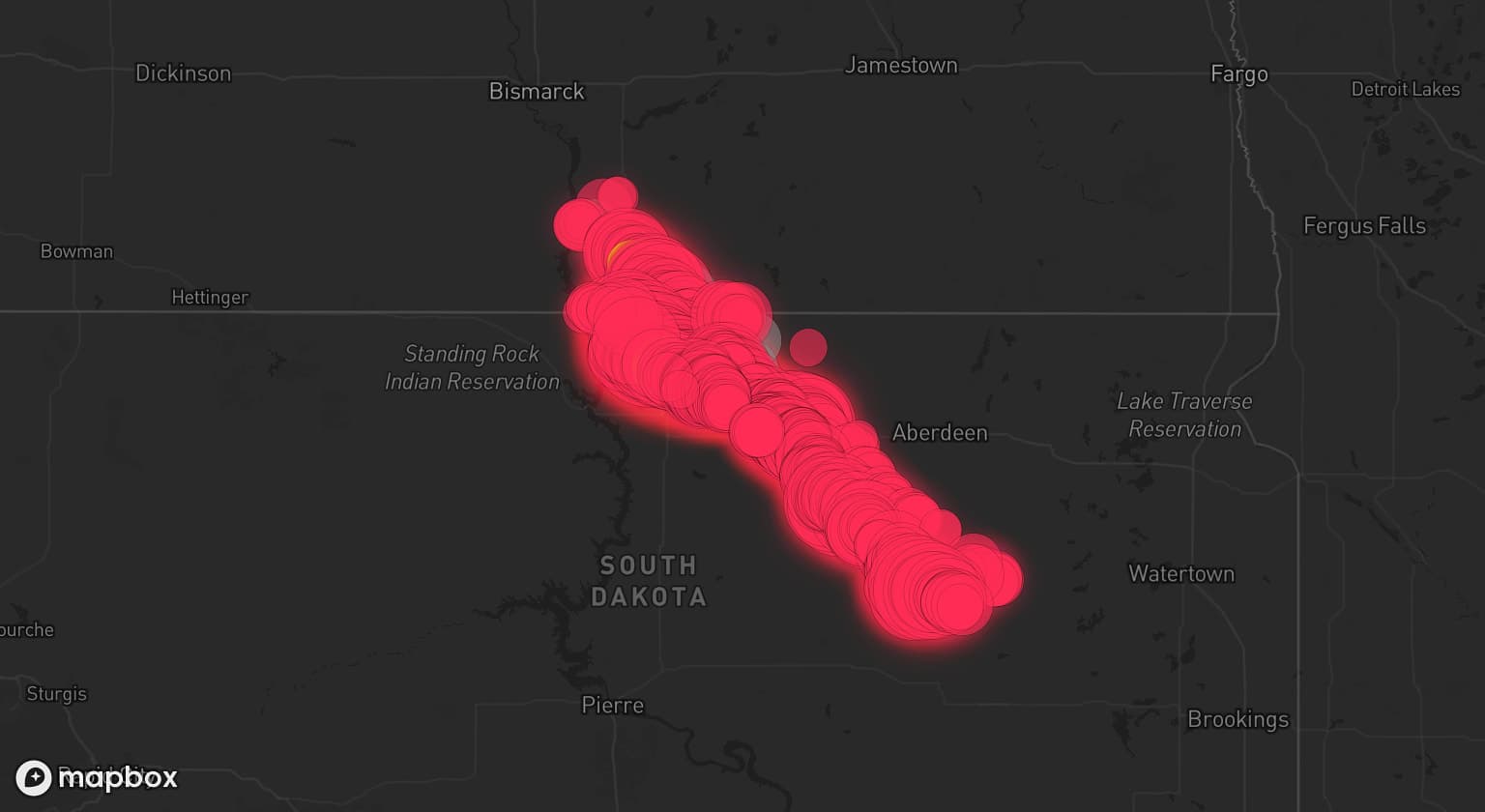 Storm map for 10 areas across South Dakota and North Dakota