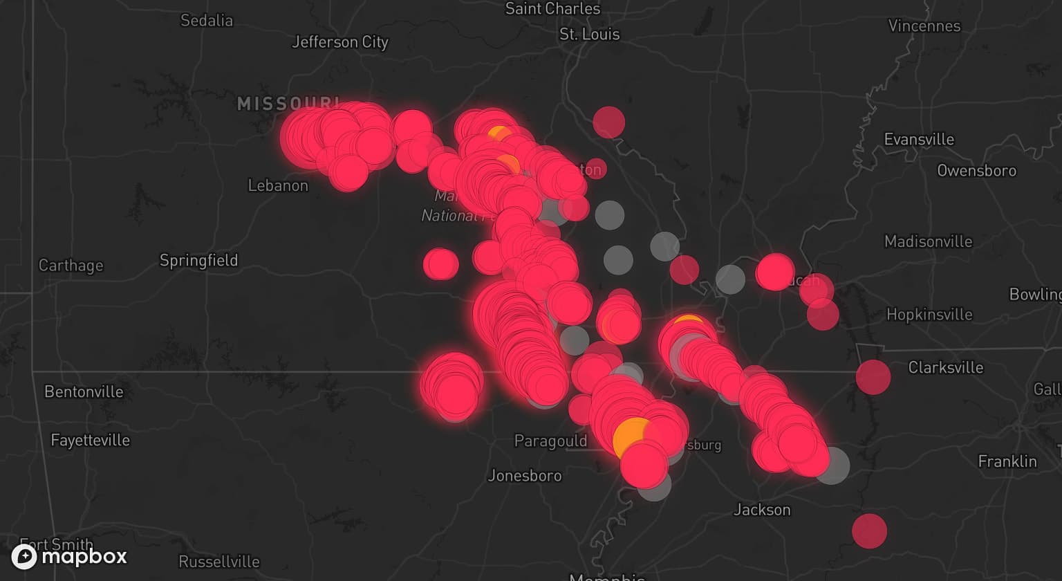 Storm map for 25 areas across Missouri, Kentucky, Arkansas, and Tennessee
