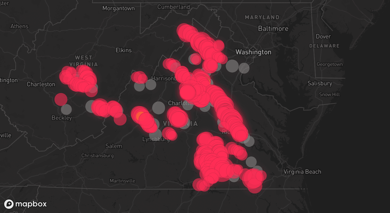 Storm map for 42 areas across Virginia and West Virginia