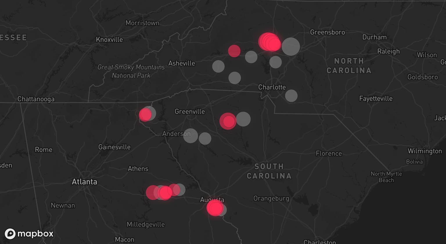 Storm map for 13 areas across North Carolina, South Carolina, and Georgia