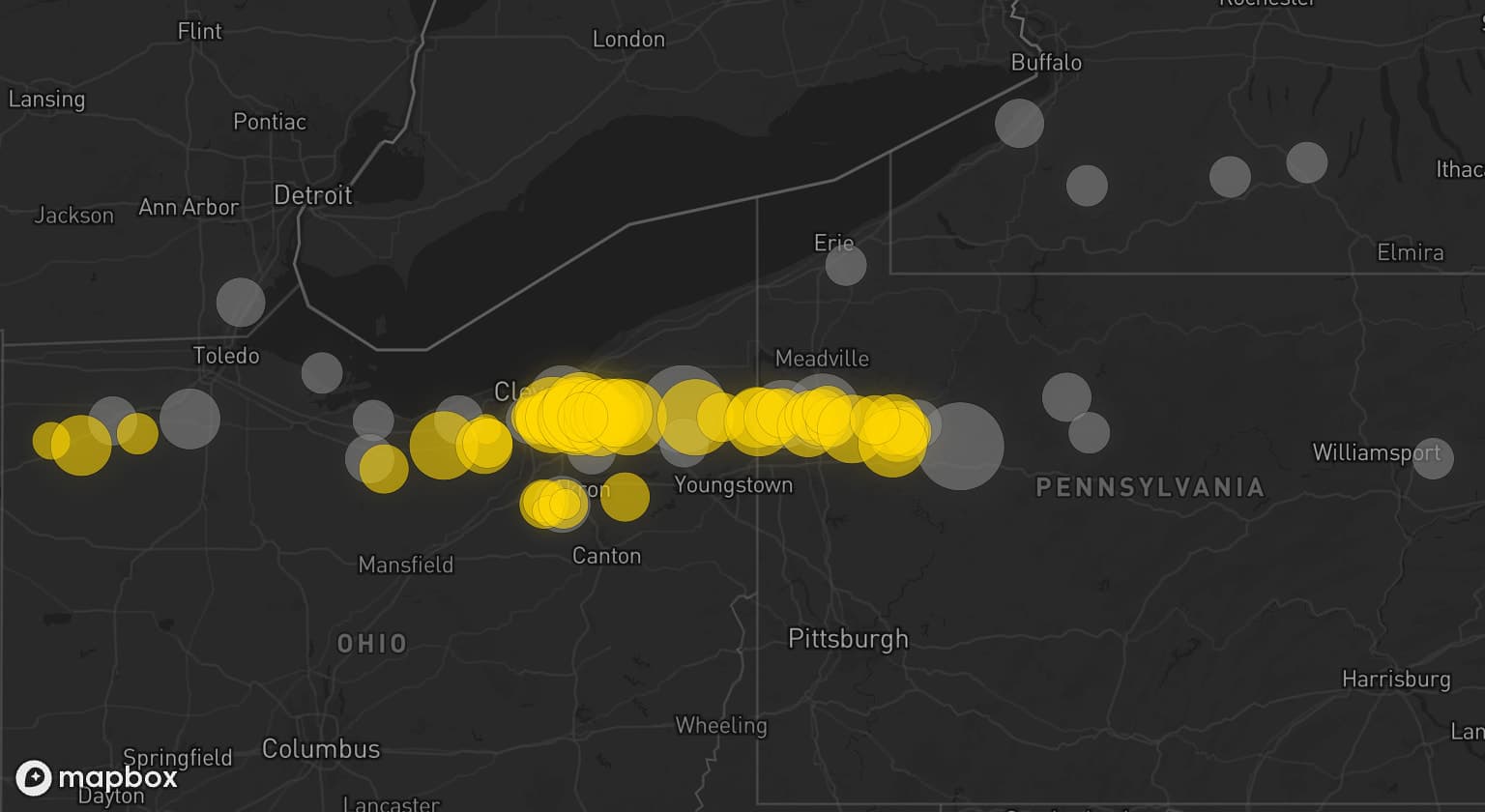Storm map for 32 areas across Pennsylvania, Ohio, Michigan, New York, and Connecticut