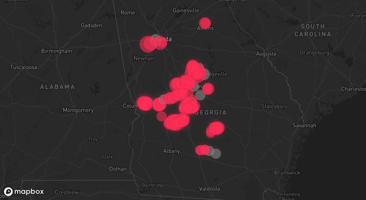 Storm map for 12 areas across Georgia