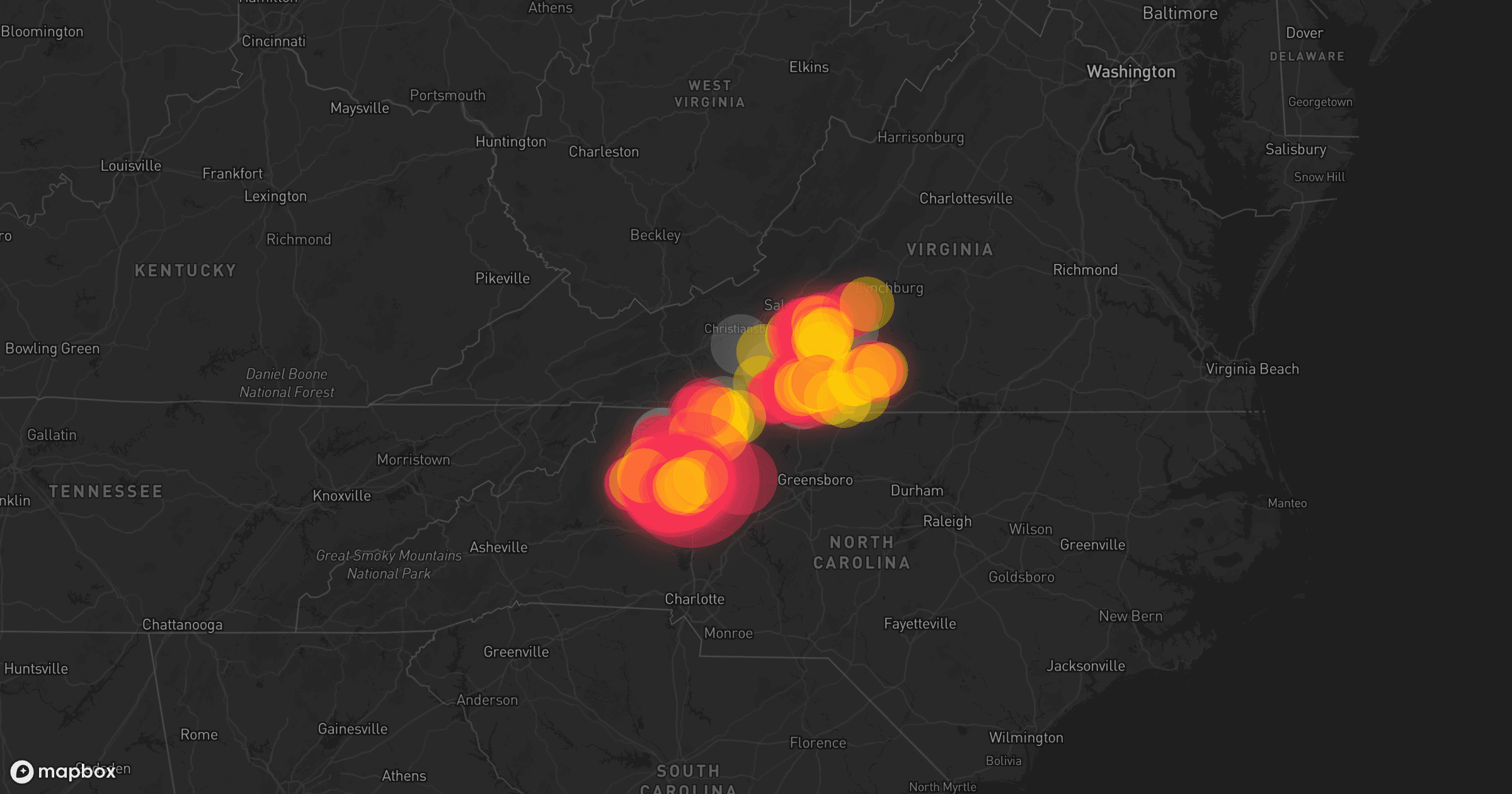 Storm map for 10 areas across Virginia and North Carolina