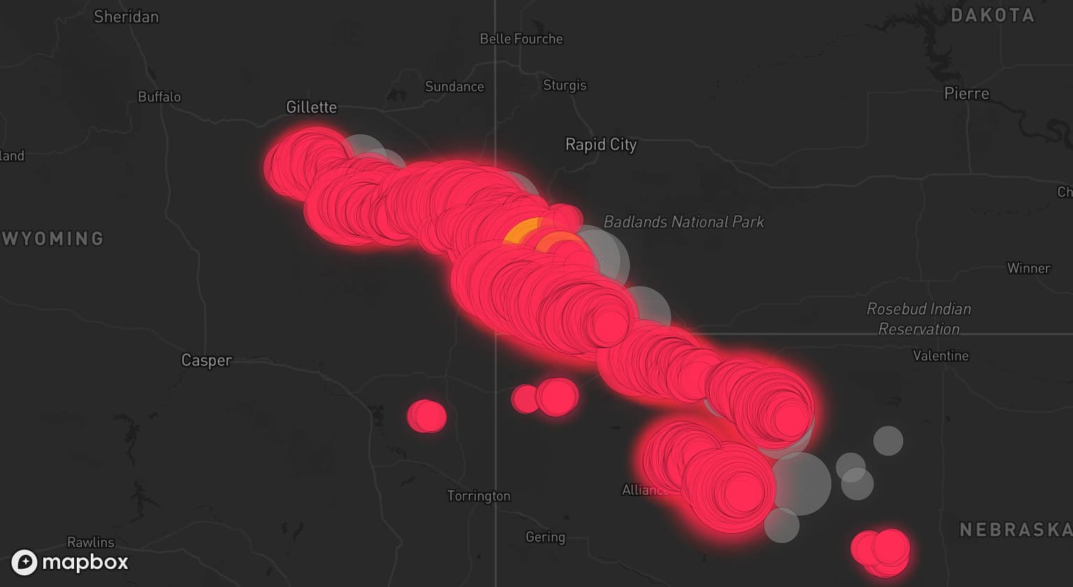 Storm map for 19 areas across South Dakota, Nebraska, and Wyoming