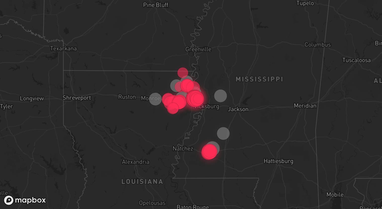 Storm map for 8 areas across Mississippi and Louisiana