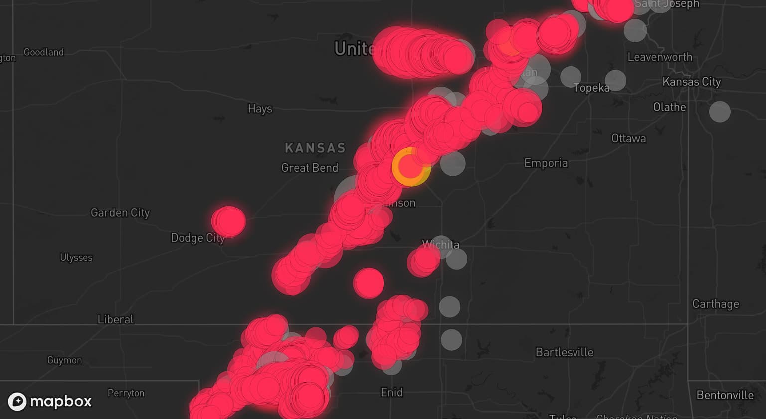Storm map for 49 areas across Kansas, Oklahoma, and Missouri