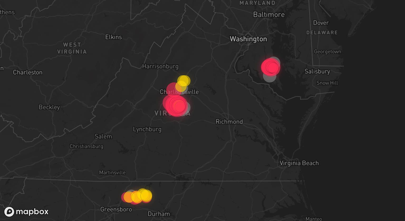 Storm map for 5 areas across Virginia, North Carolina, and Maryland