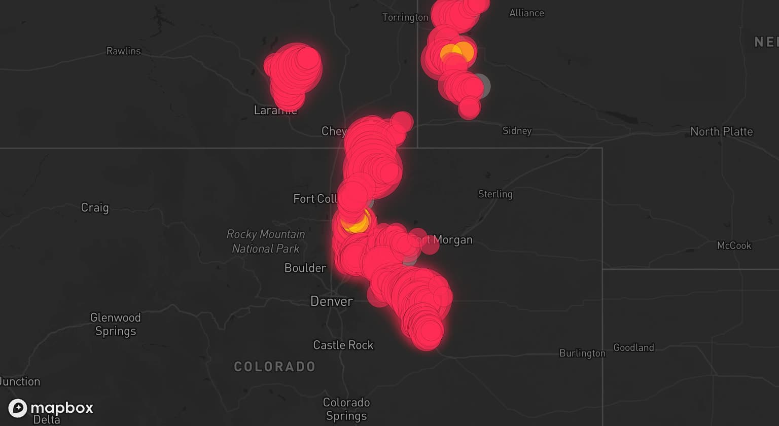 Storm map for 15 areas across Wyoming, Colorado, and Nebraska