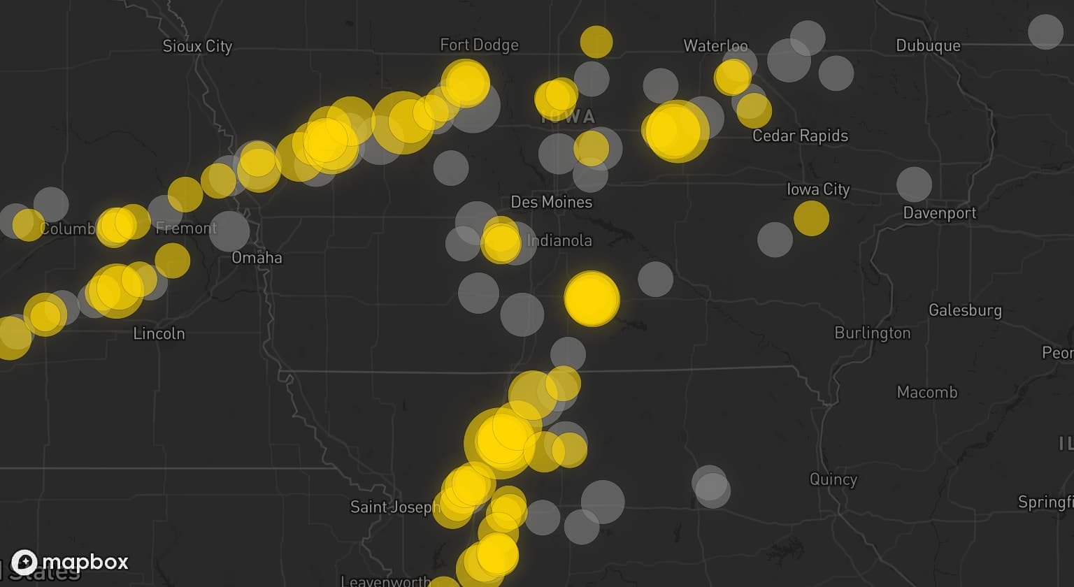 Storm map for 73 areas across Missouri, Iowa, Illinois, Nebraska, and Wisconsin