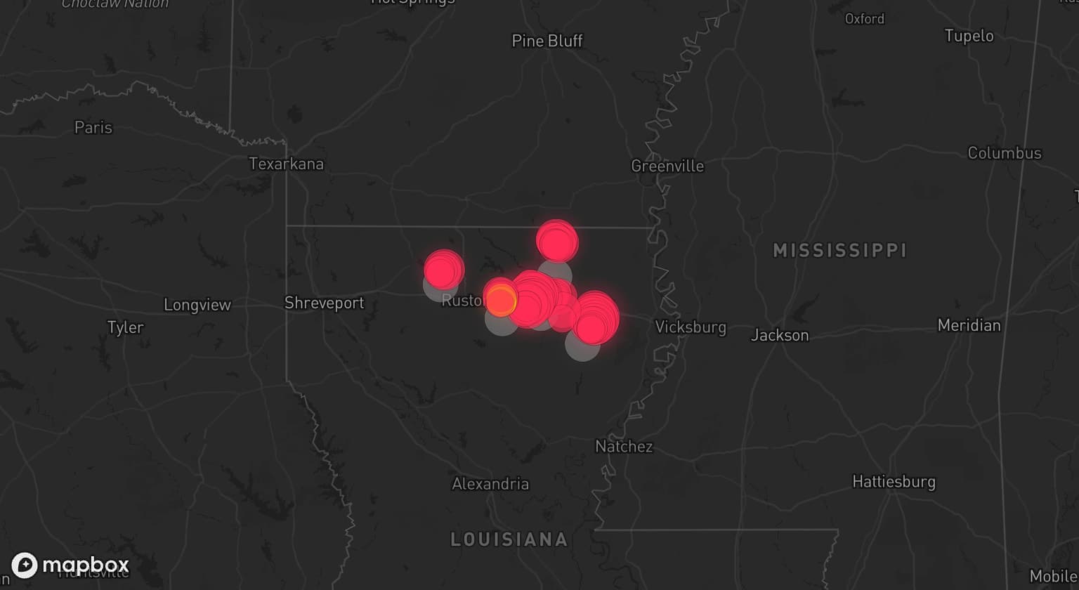 Storm map for 5 areas across Louisiana