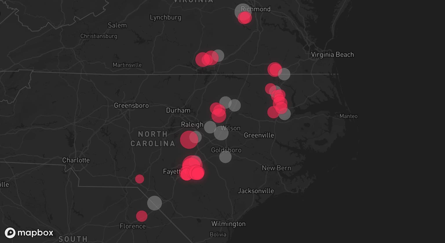 Storm map for 13 areas across Virginia and North Carolina