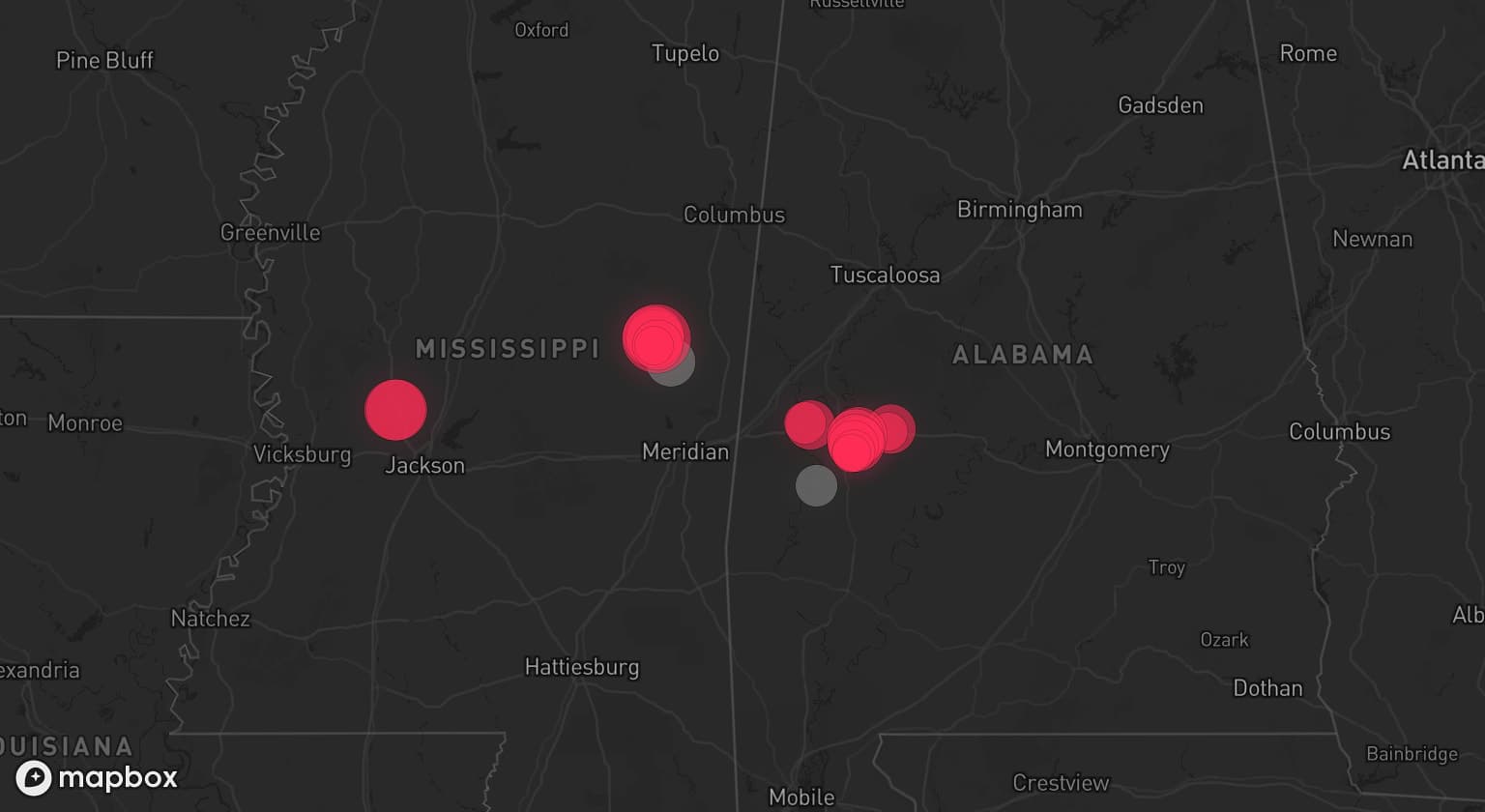 Storm map for 2 areas across Mississippi and Alabama