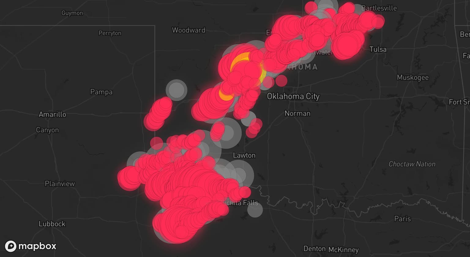 Storm map for 33 areas across Oklahoma and Texas