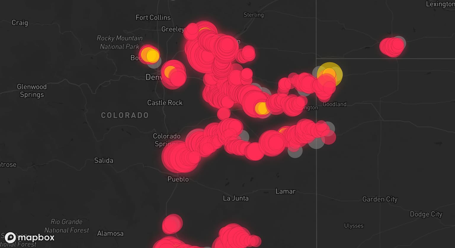 Storm map for 34 areas across Colorado, New Mexico, Kansas, and Nebraska