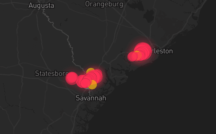 Storm map for 2 areas across South Carolina and Georgia