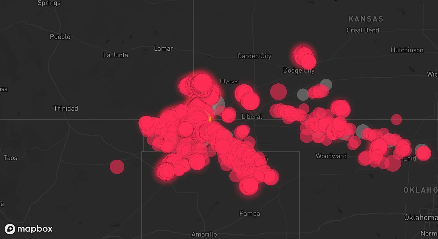 Storm map for 15 areas across Kansas, Colorado, Oklahoma, and Texas