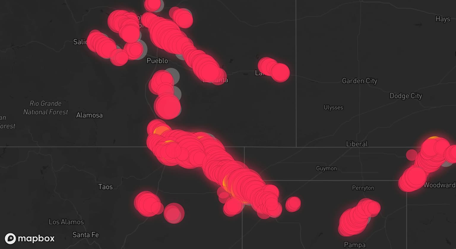Storm map for 29 areas across Texas, Colorado, New Mexico, and Oklahoma