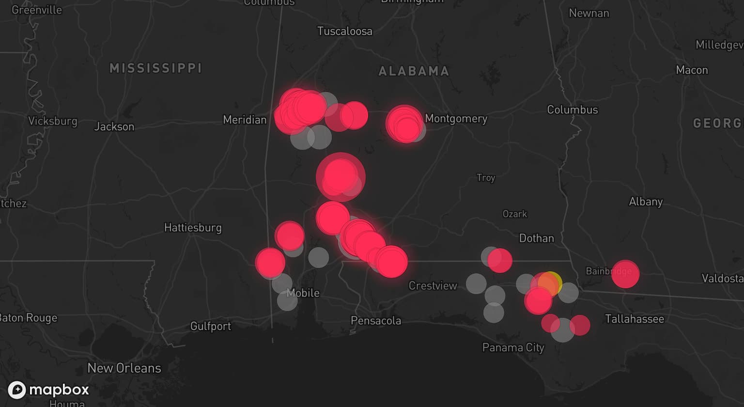 Storm map for 21 areas across Alabama and Florida