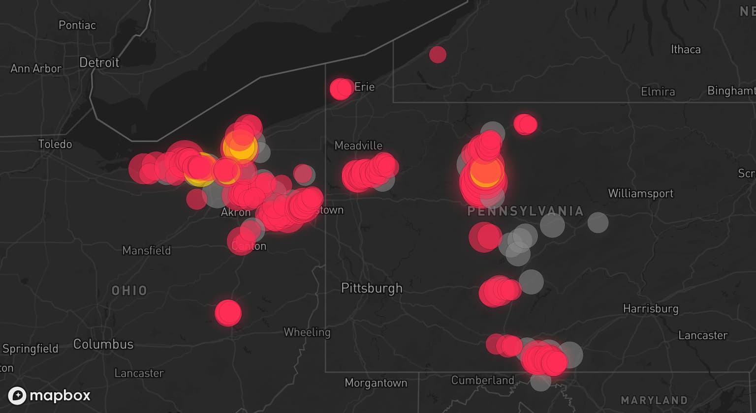 Storm map for 29 areas across Pennsylvania, Ohio, and West Virginia