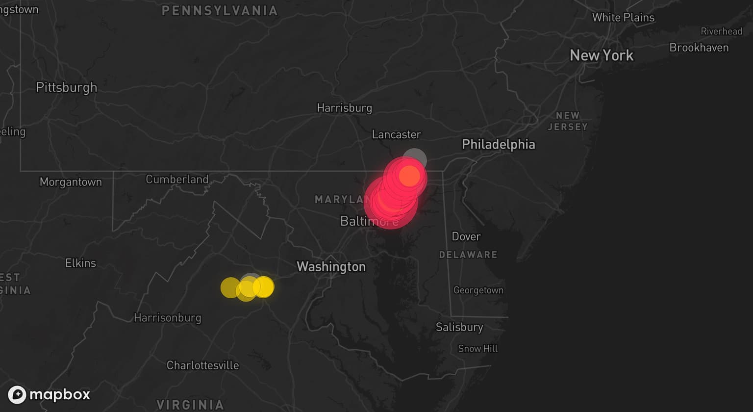 Storm map for 4 areas across Maryland, Pennsylvania, and Virginia