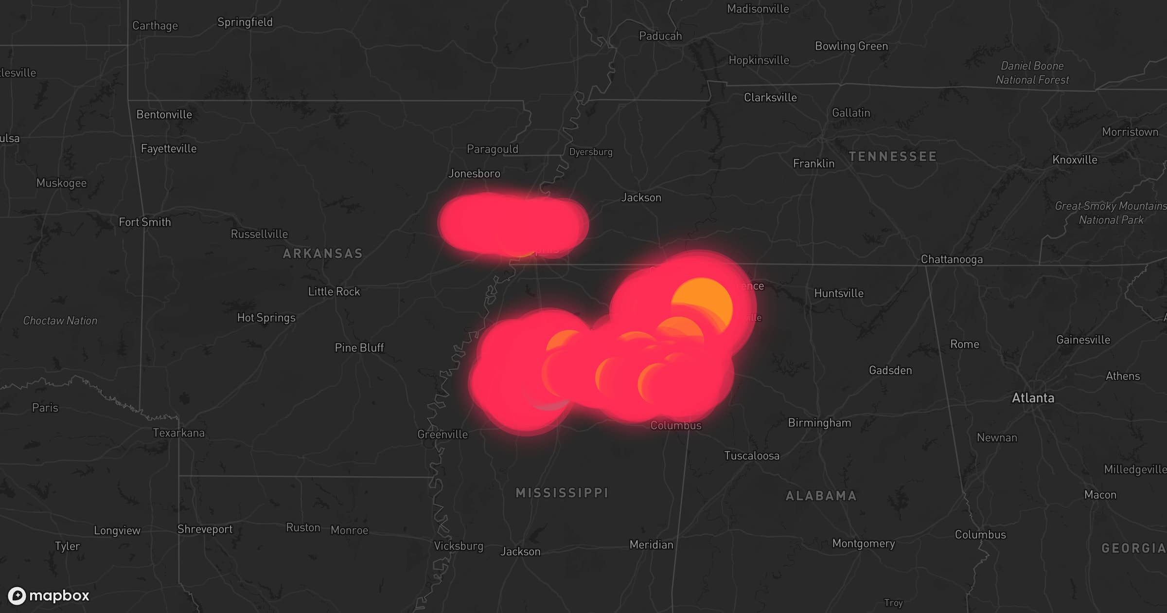 Storm map for 58 areas across Mississippi, Alabama, Arkansas, Louisiana, and Tennessee