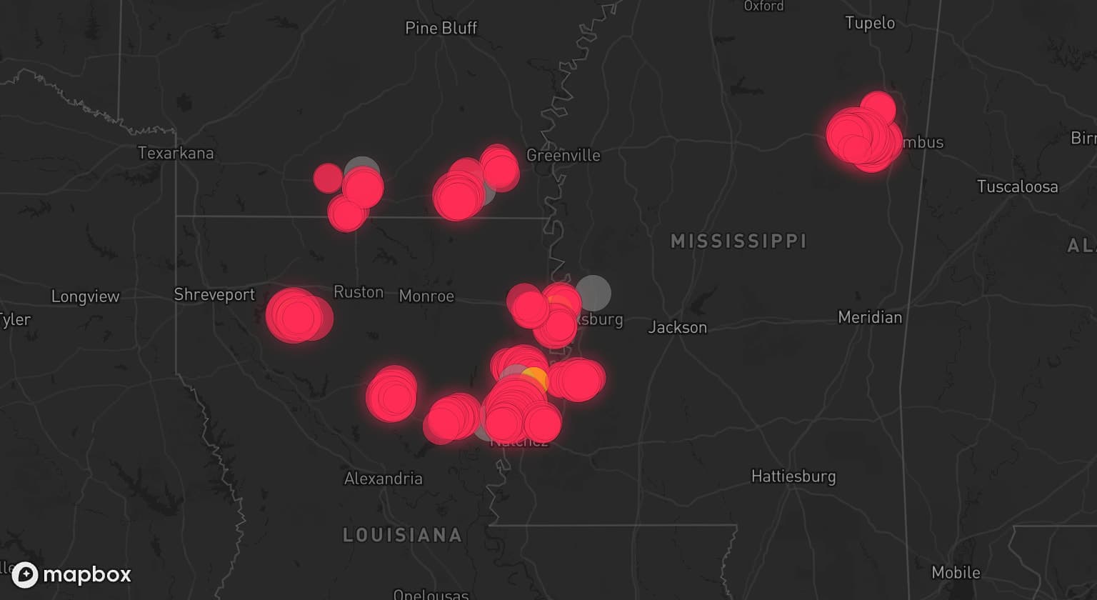 Storm map for 9 areas across Arkansas, Louisiana, and Mississippi