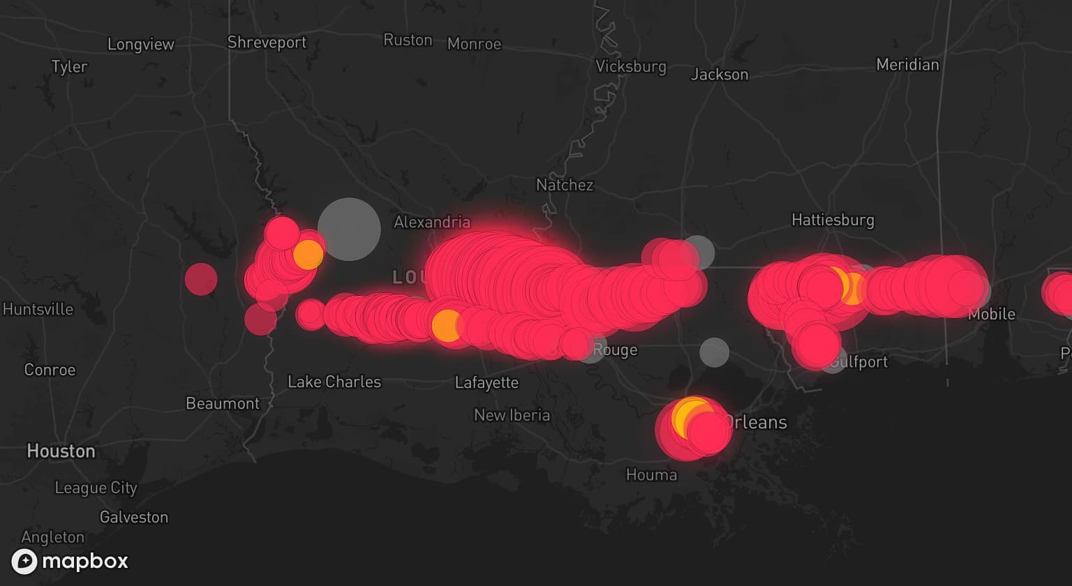 Storm map for 23 areas across Louisiana, Mississippi, Alabama, and Florida