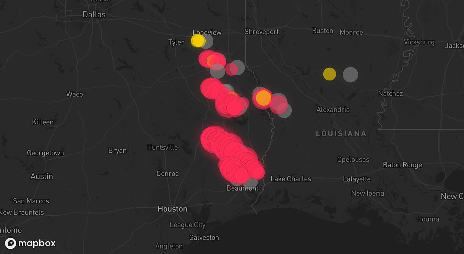 Storm map for 15 areas across Texas and Louisiana