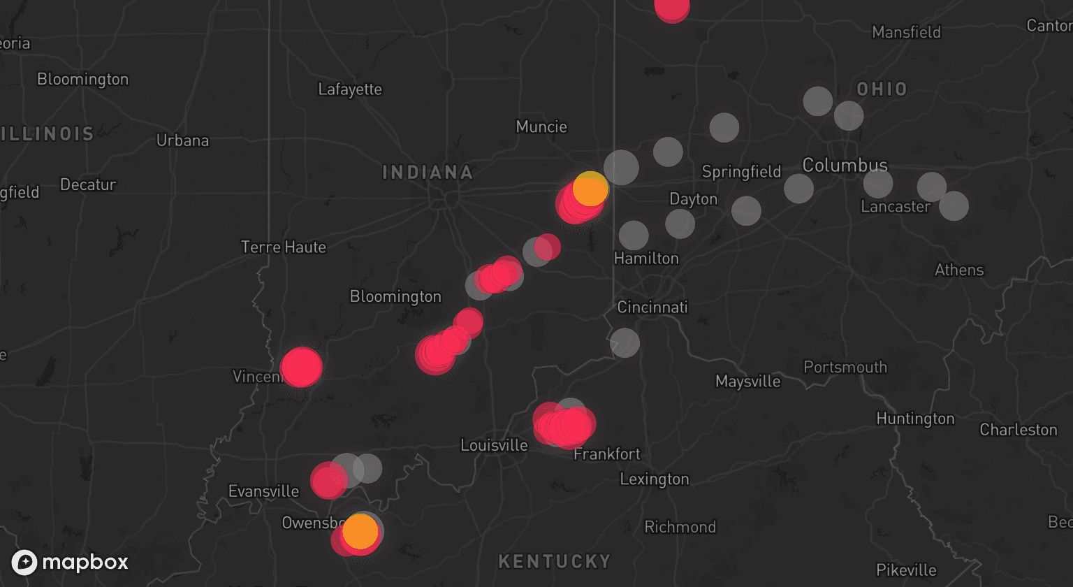 Storm map for 25 areas across Kentucky, Indiana, and Ohio