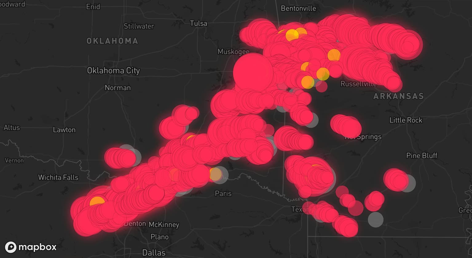 Storm map for 57 areas across Arkansas, Oklahoma, and Texas