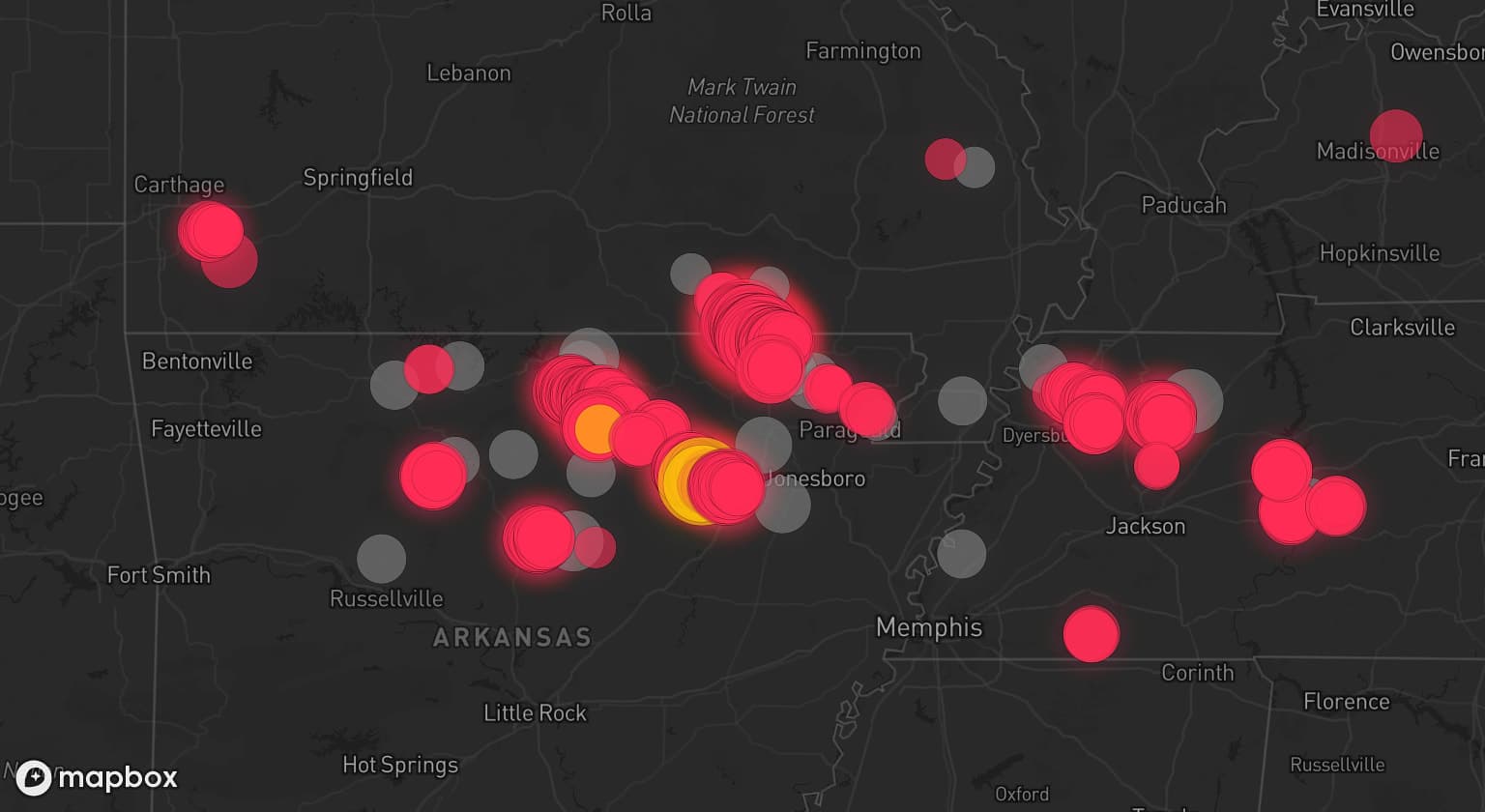 Storm map for 24 areas across Tennessee, Arkansas, and Missouri