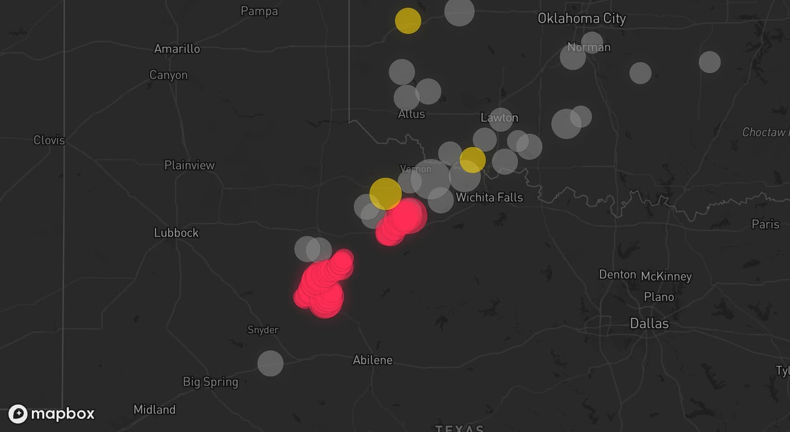 Storm map for 23 areas across Texas and Oklahoma
