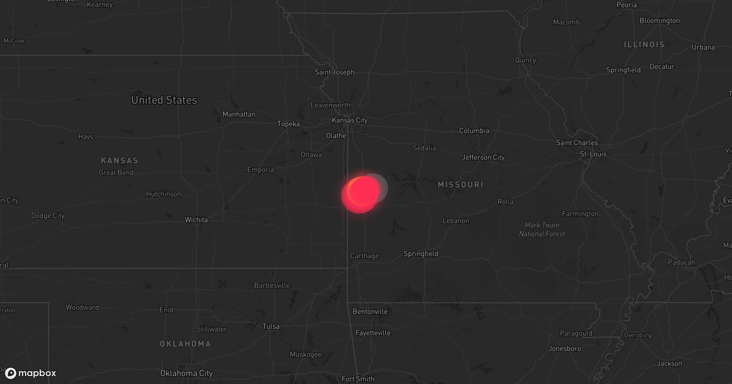 Storm map for 107 areas across Oklahoma, Texas, Kansas, Arkansas, and Missouri