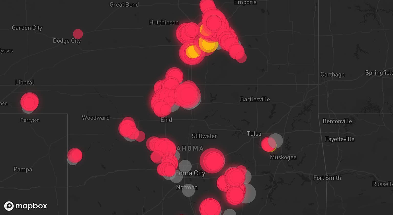 Storm map for 25 areas across Oklahoma and Kansas