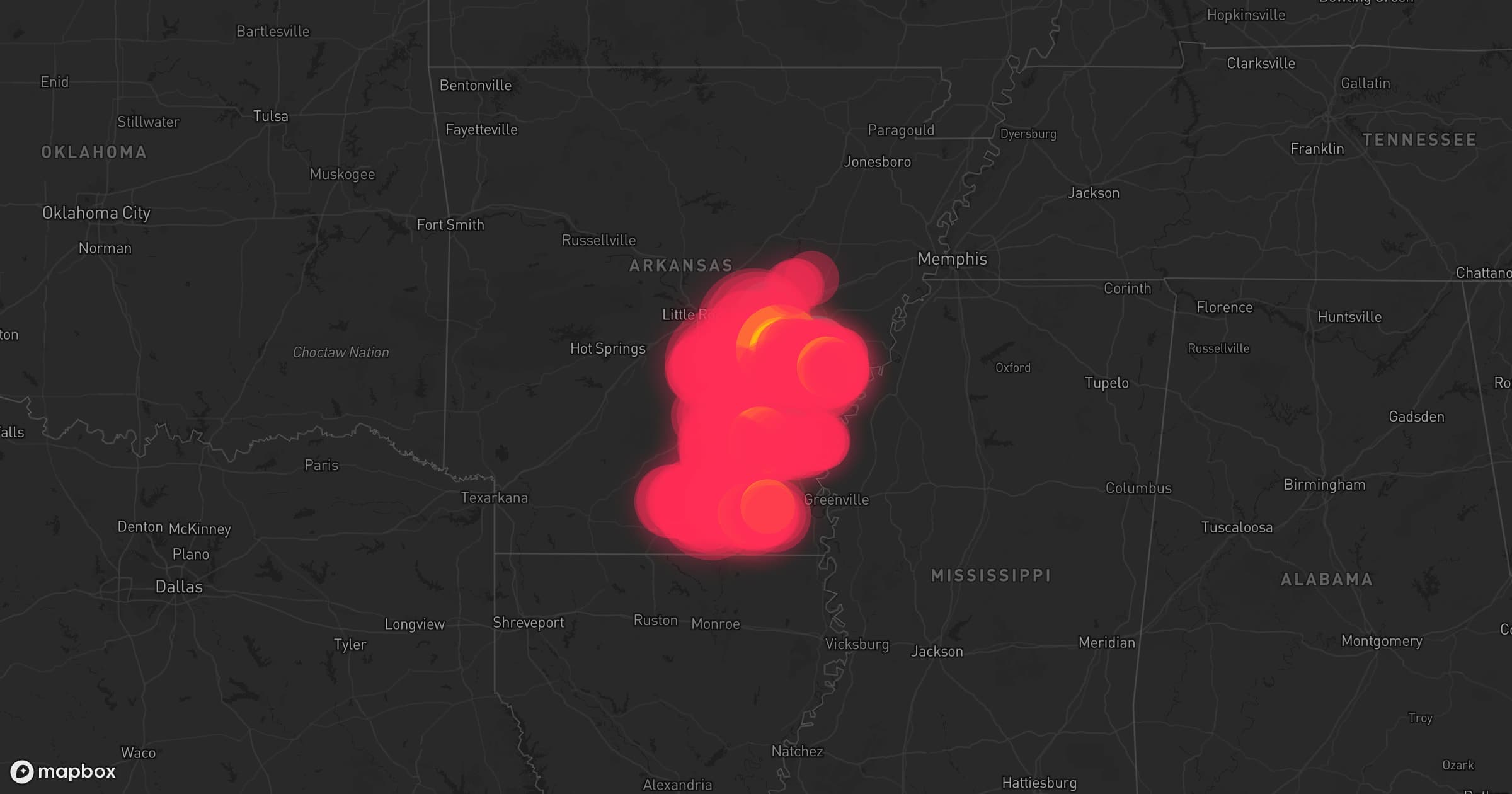 Storm map for 113 areas across Tennessee, Mississippi, Arkansas, Missouri, Louisiana, Kentucky, and Illinois