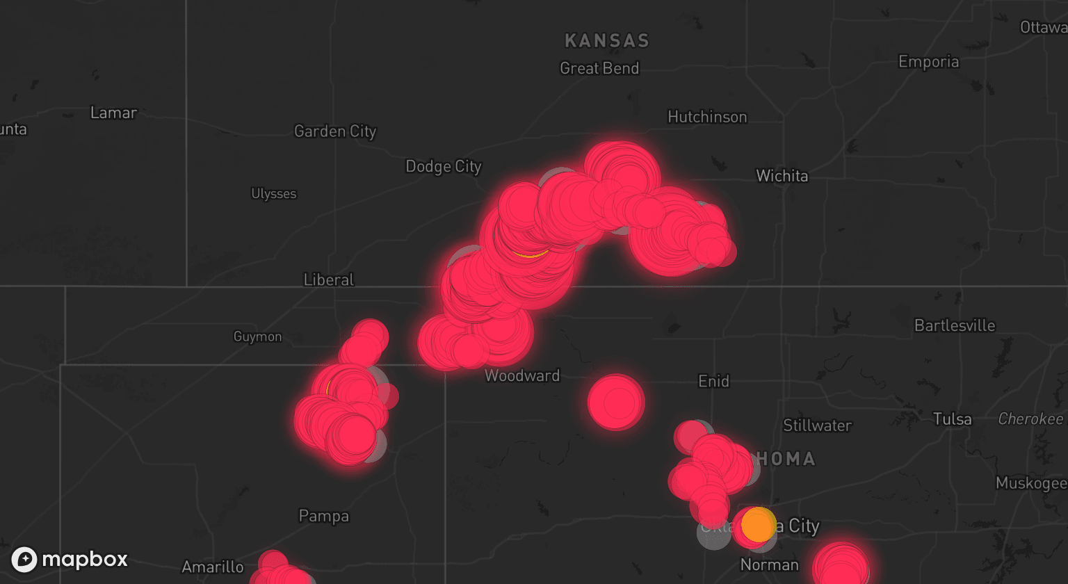 Storm map for 20 areas across Kansas, Oklahoma, and Texas