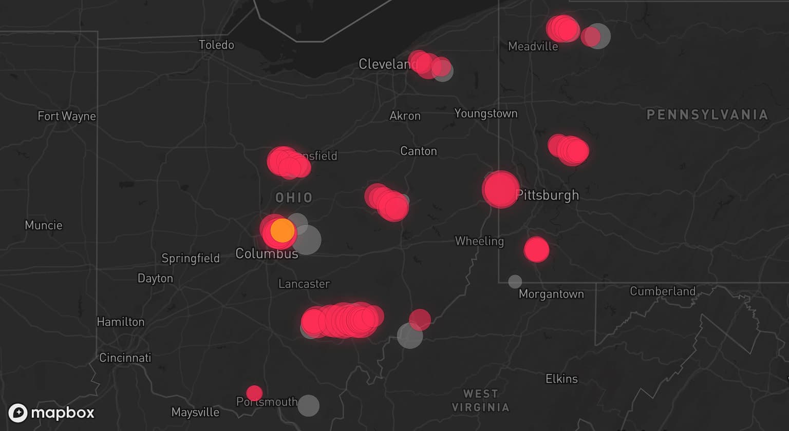Storm map for 13 areas across Ohio, Pennsylvania, and West Virginia