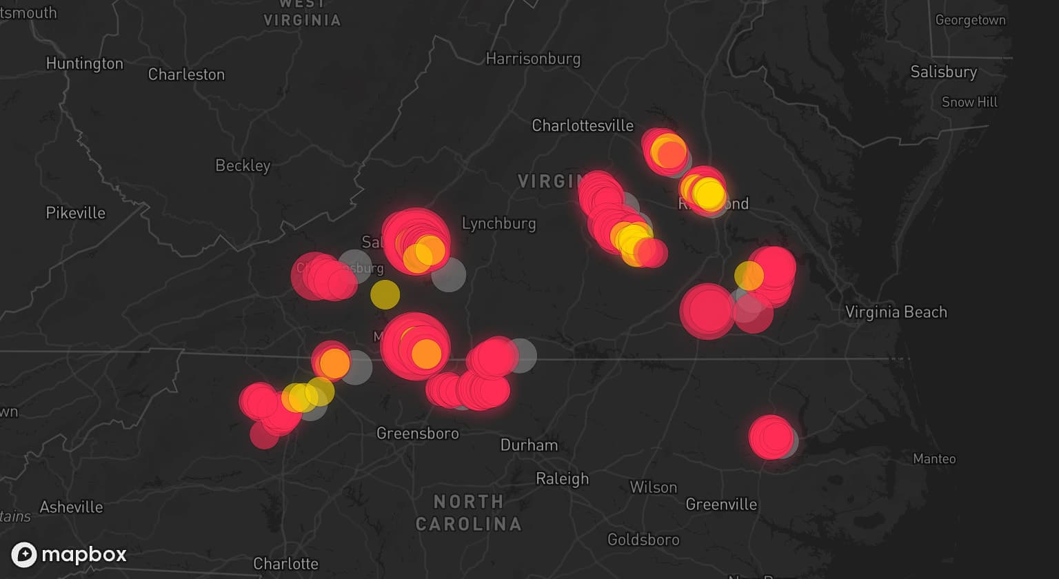 Storm map for 14 areas across Virginia and North Carolina