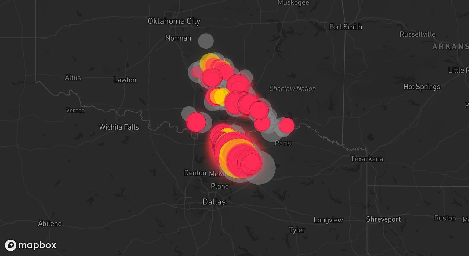 Storm map for 21 areas across Texas and Oklahoma