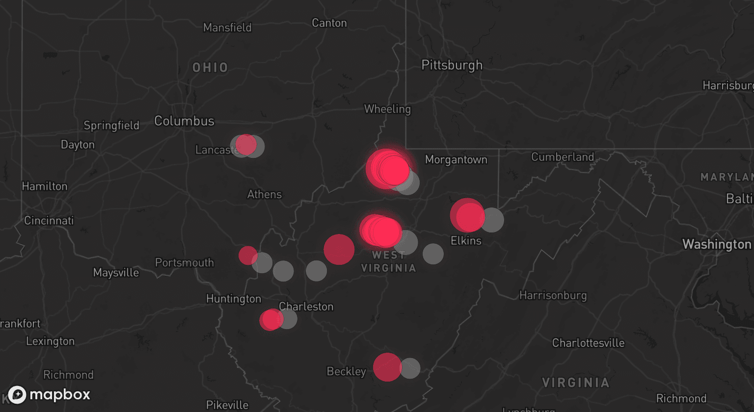 Storm map for 13 areas across West Virginia and Ohio