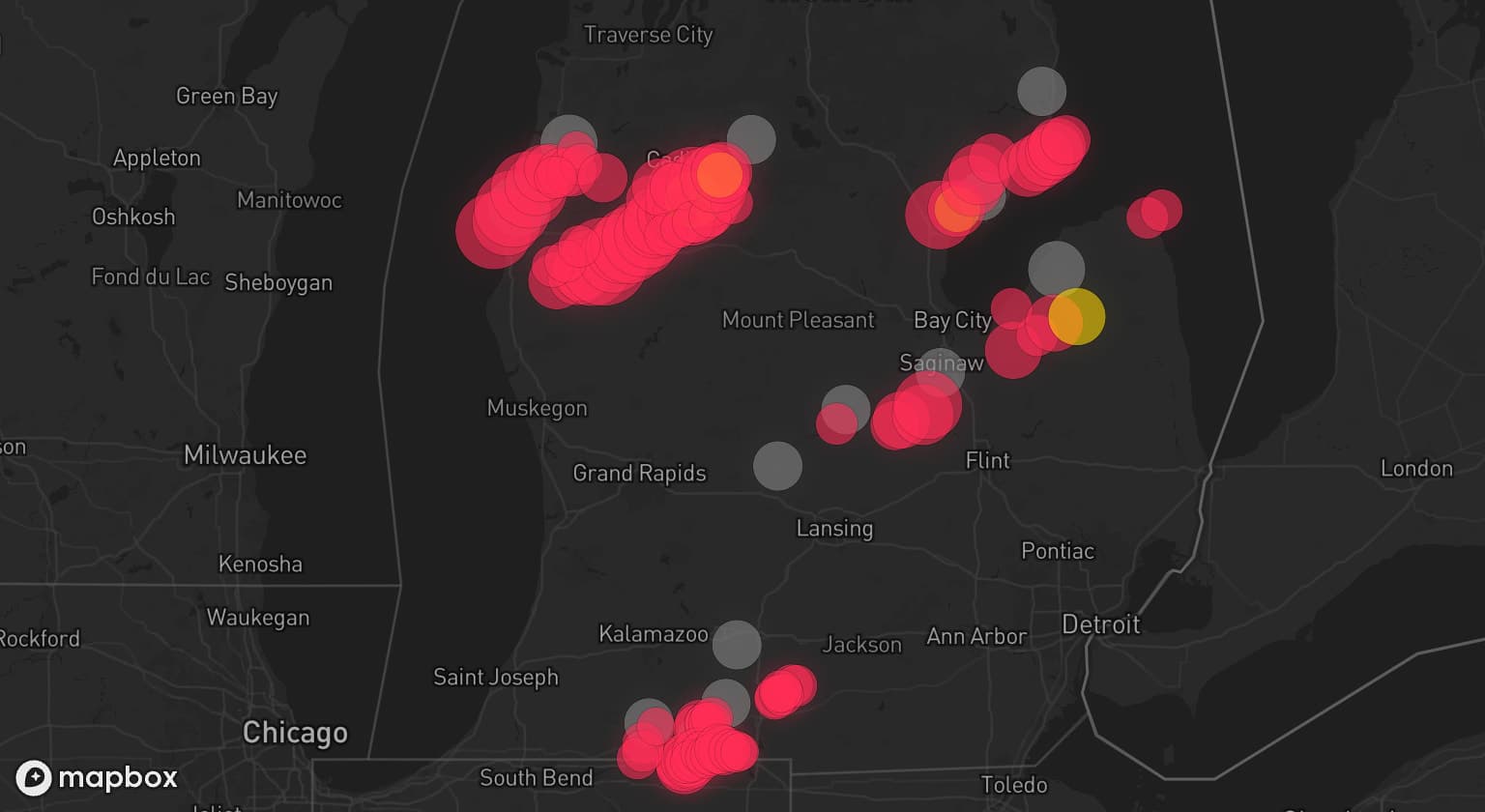 Storm map for 15 areas across Michigan